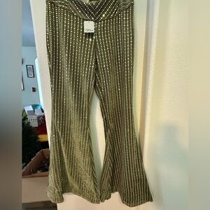 NWT Free People Olive green and Silver Sequin Velvet bell bottoms